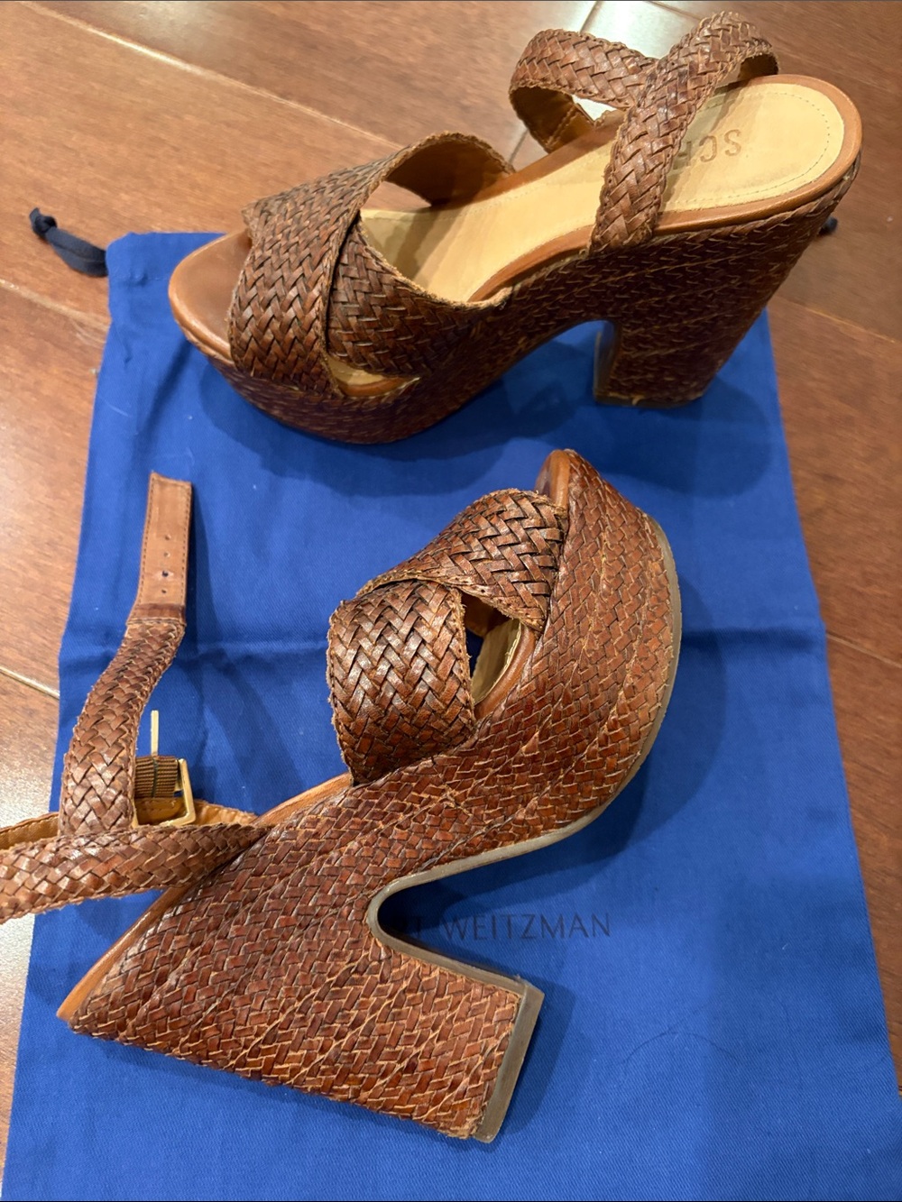 Schutz brown woven leather platform sandals shoes platform size 6,5 ankle strap